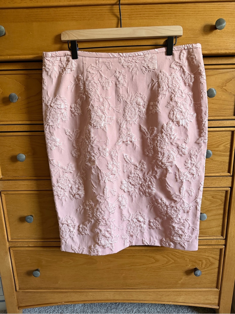 Romantic Blush Pink Jacquard Floral Pencil Skirt Womens Size 16 Vintage Inspired